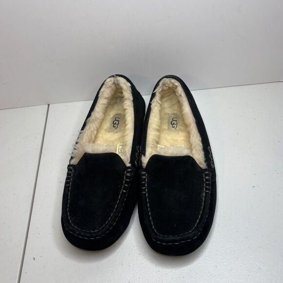 UGG Ansley Suede Black Slide On Fur Slippers Womens Comfort - Picture 3 of 8